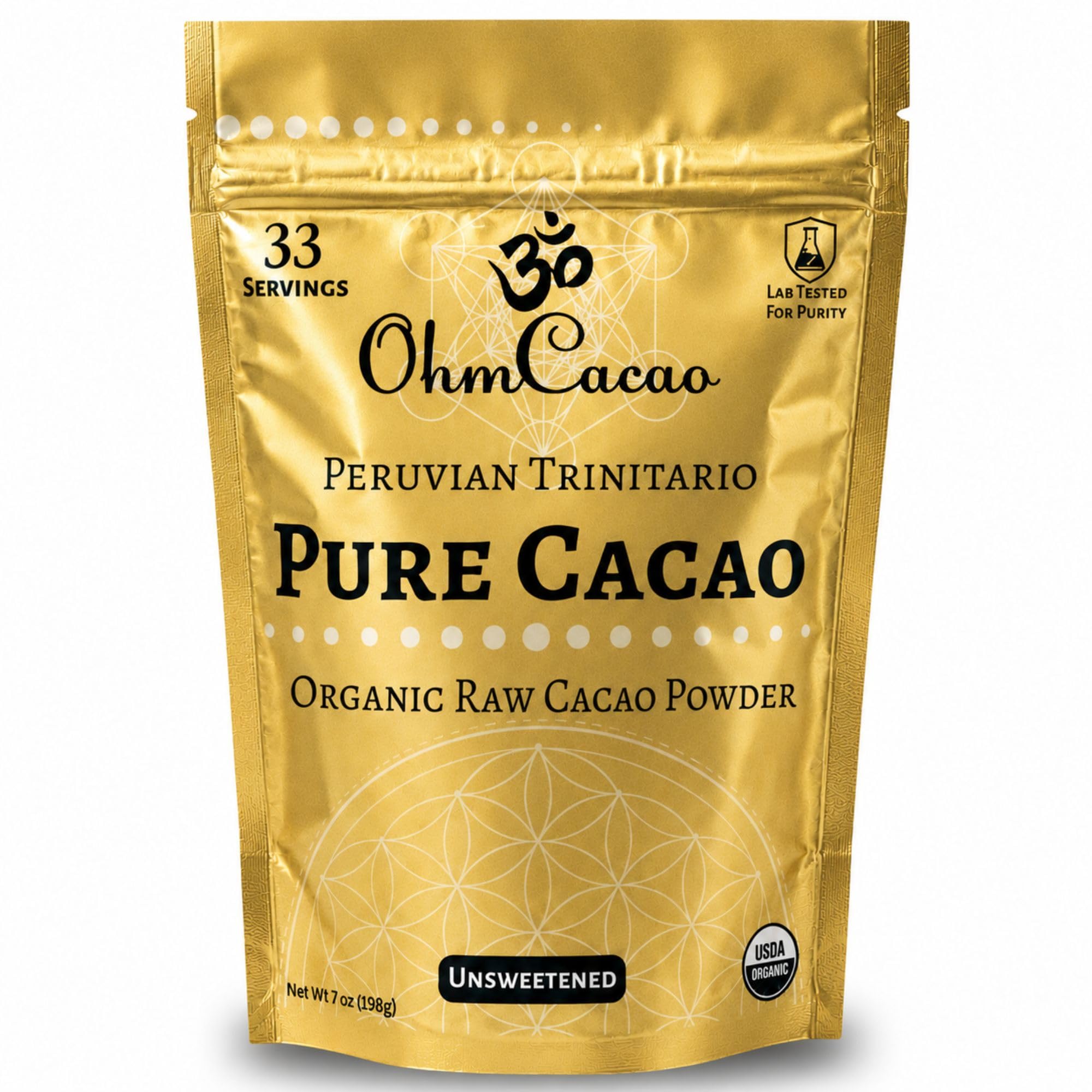 OHM Cacao frente del paquete mostrando bolsa resellable y marca