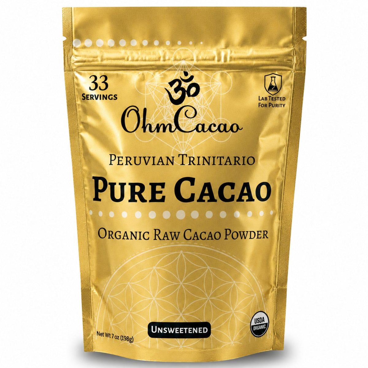 OHM Cacao frente del paquete mostrando bolsa resellable y marca