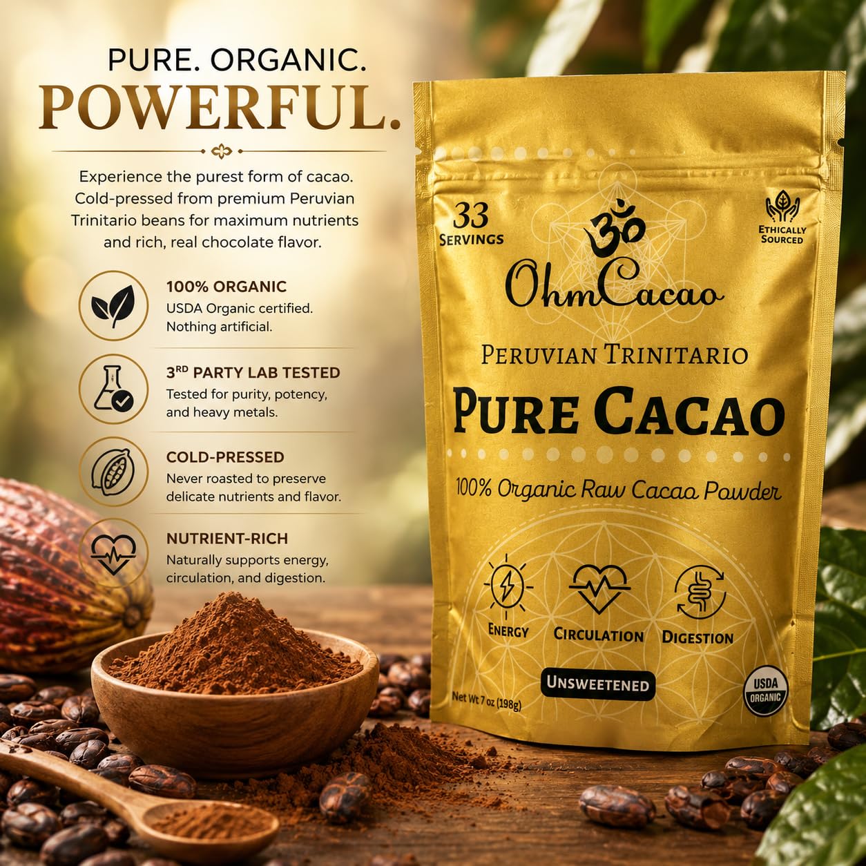 OHM Cacao preparado en vaso ceremonial, mezcla tradicional para beber