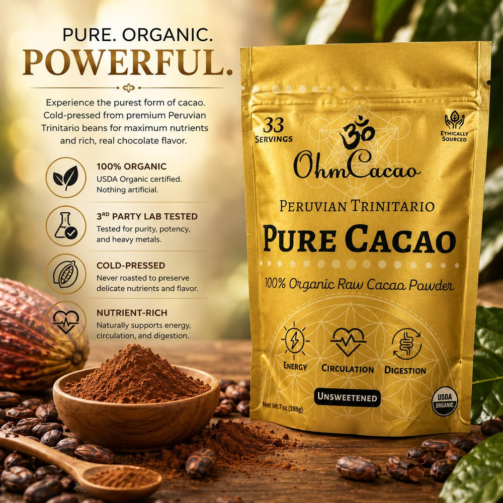 OHM Cacao preparado en vaso ceremonial, mezcla tradicional para beber