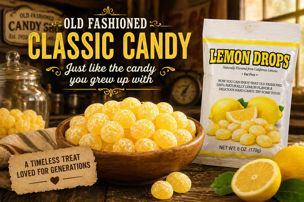 Old Fashioned Sanded Lemon Drops paquete abierto con caramelos, fácil acceso y porciones