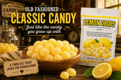 Old Fashioned Sanded Lemon Drops paquete abierto con caramelos, fácil acceso y porciones