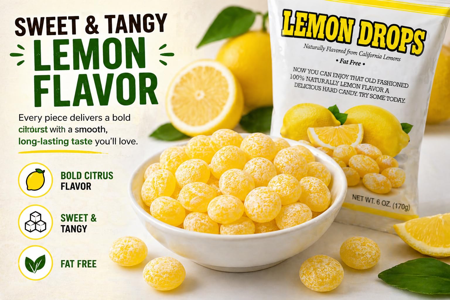 Old Fashioned Sanded Lemon Drops una sola pieza vista lateral, sabor concentrado