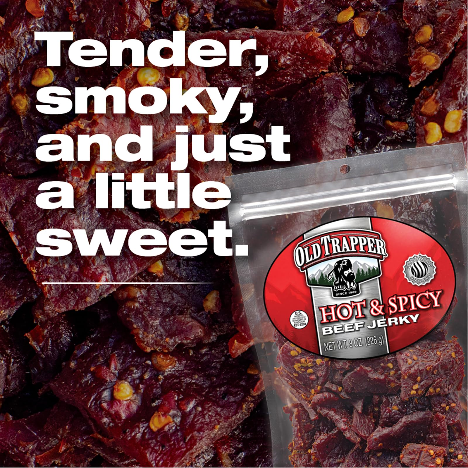 Old Trapper jerky en picnic al aire libre evocando energía y sabor