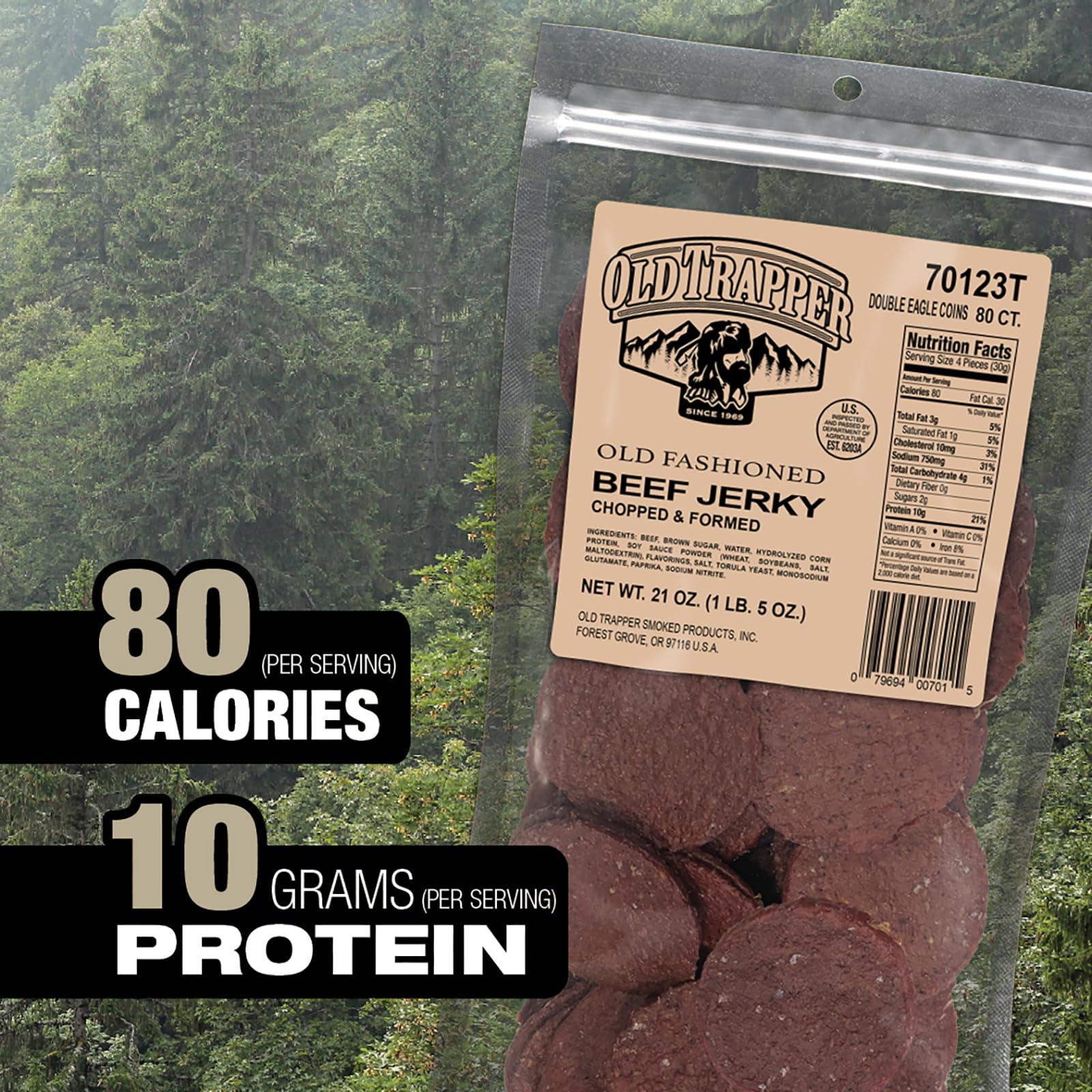 Old Trapper jerky en mochila durante viaje para snack alto en proteína