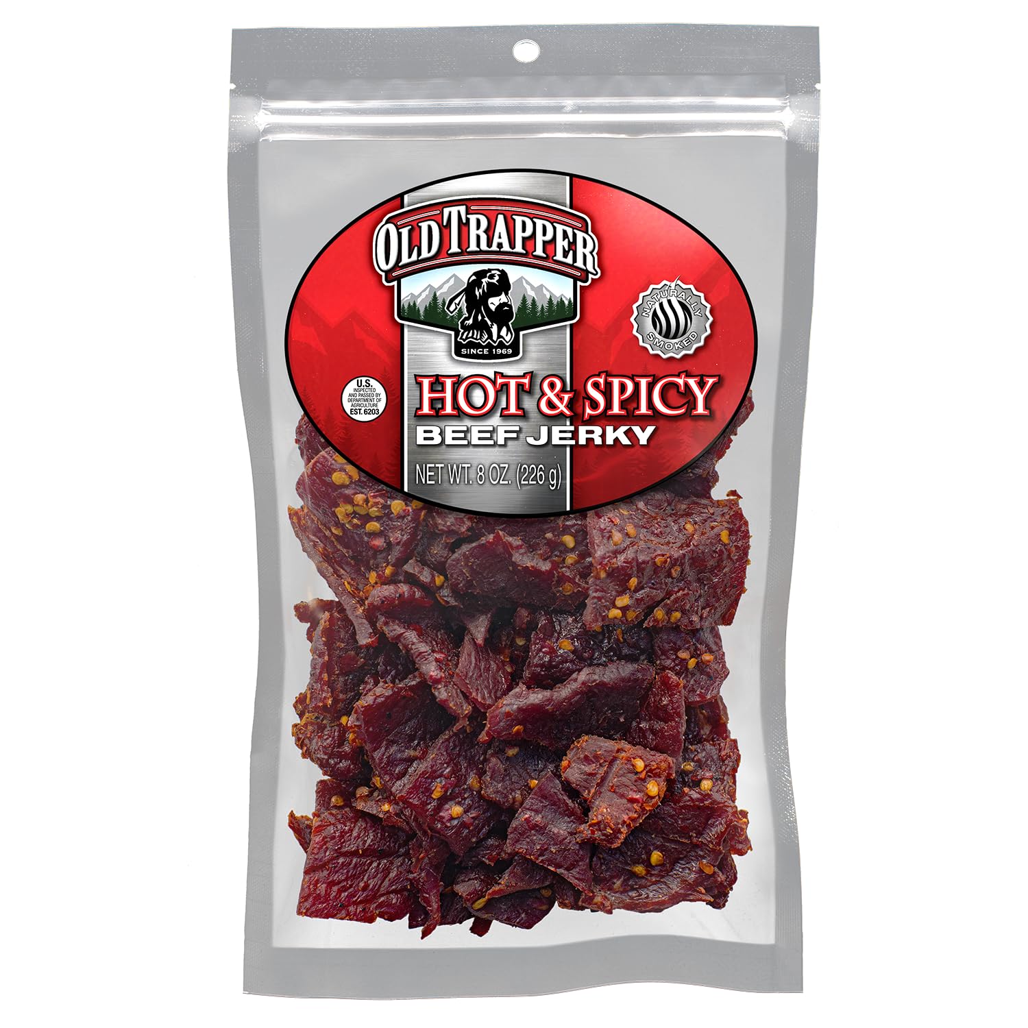 Old Trapper empaque frontal mostrando bolsa resellable y sabor picante