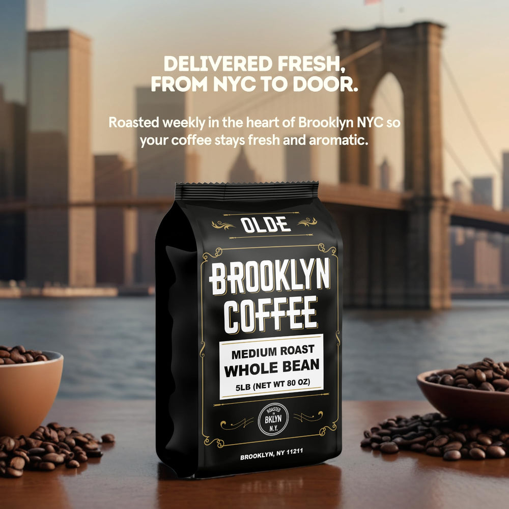 OLDE BROOKLYN COFFEE granos cayendo en molino para molido a pedido, control
