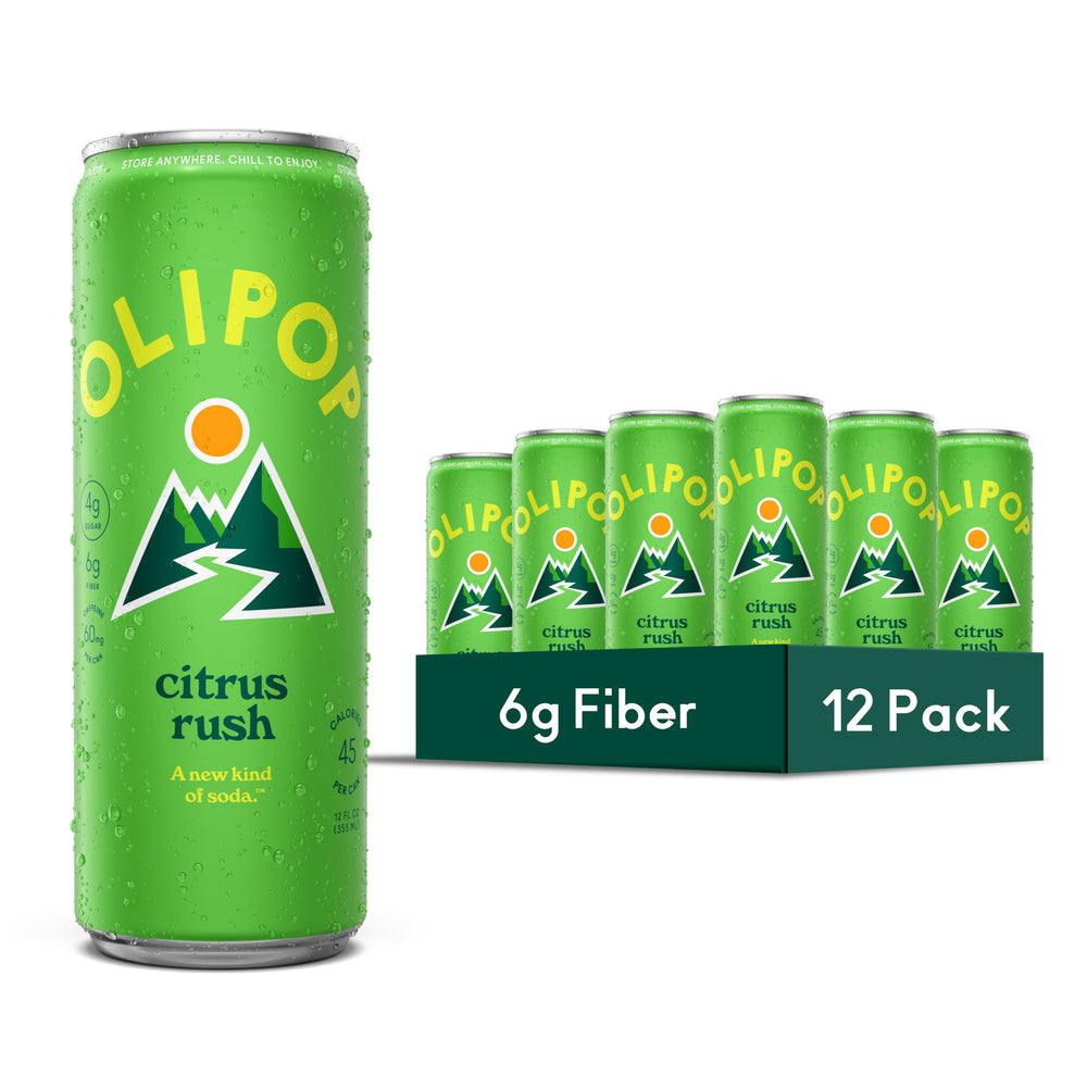 OLIPOP lata frontal Citrus Rush mostrando diseño y sabor cítrico