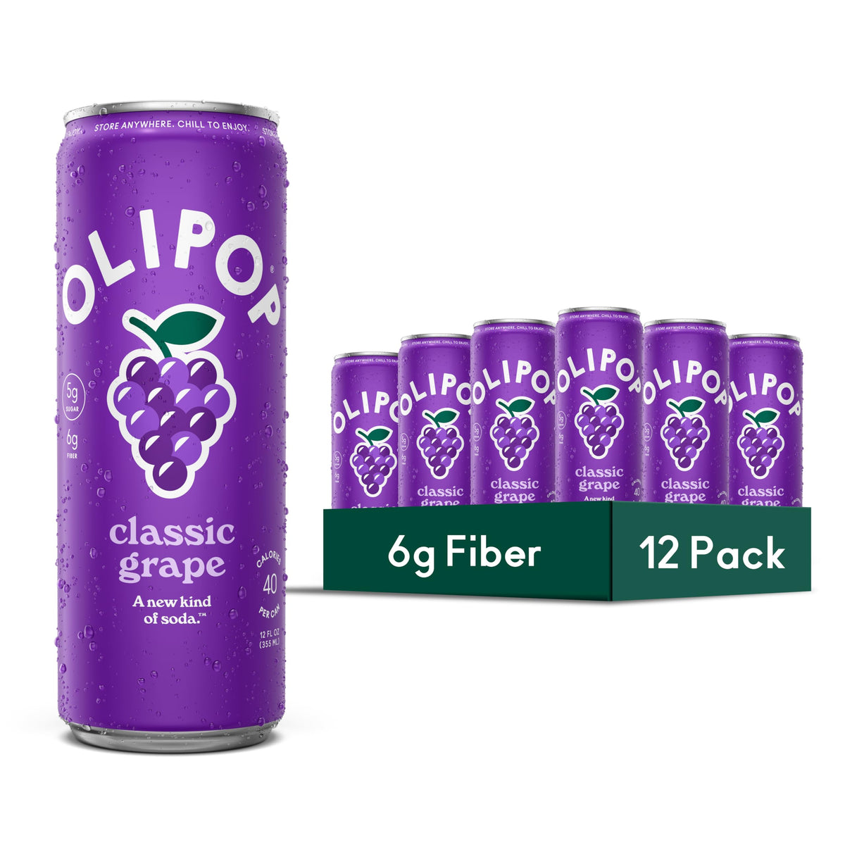 OLIPOP lata delantera Classic Grape con diseño y beneficio refrescante