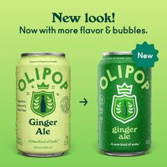 OLIPOP lata abierta vertiendo bebida, disfruta sabor con fibra