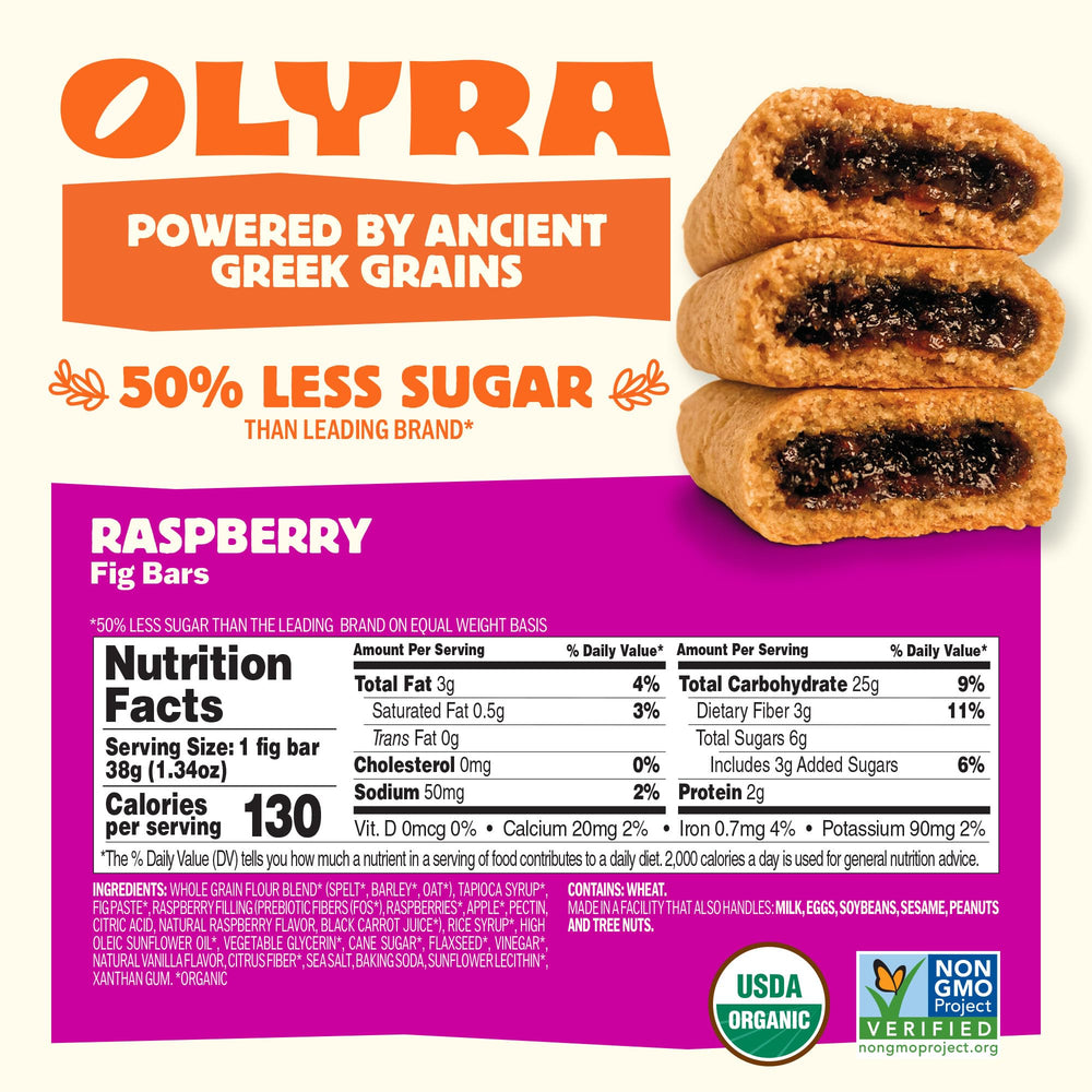 Olyra primer plano de la barra sin envolver que muestra textura y trozos de fruta, resaltando sabor real