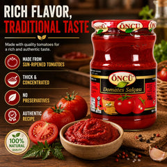 ÖNCÜ frasco 700g junto a tomates maduros para referencia de tamaño y naturalidad