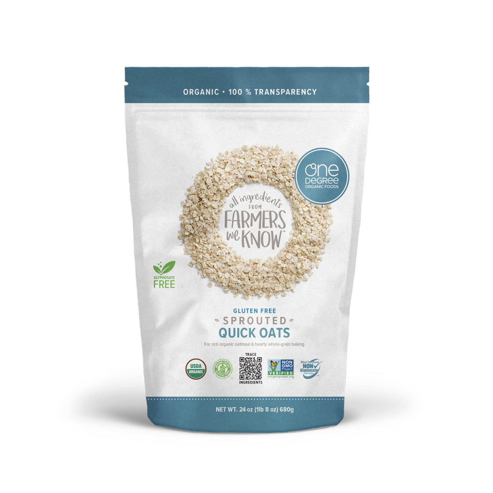 One Degree paquete abierto con hojuelas de avena rápida listos para cocinar