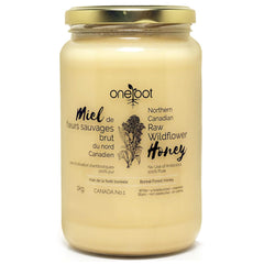 OneRoot frasco frontal de miel silvestre muestra pureza y origen canadiense