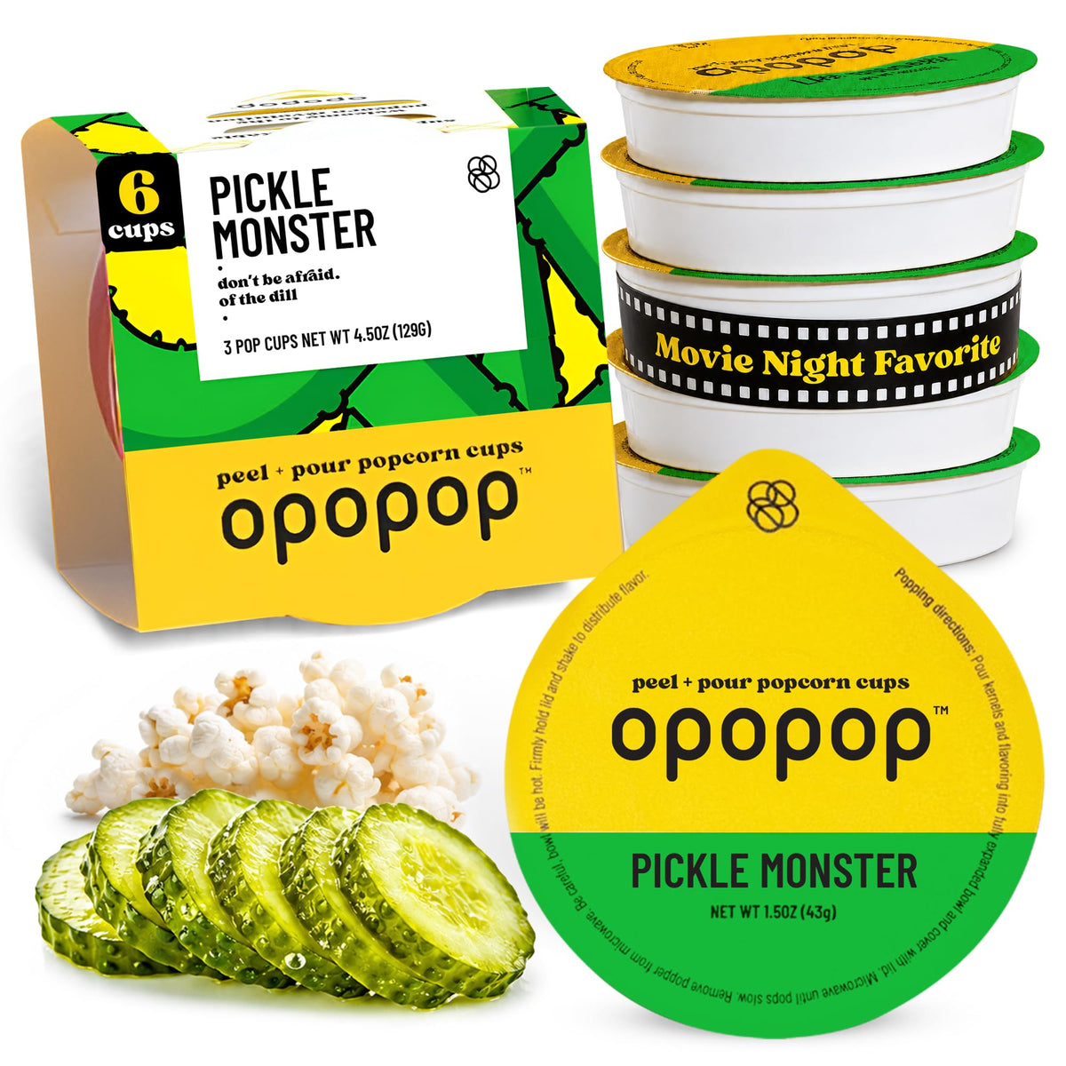 Opopop Pickle Monster pack frontal mostrando seis tazas listadas para microondas, conveniencia inmediata