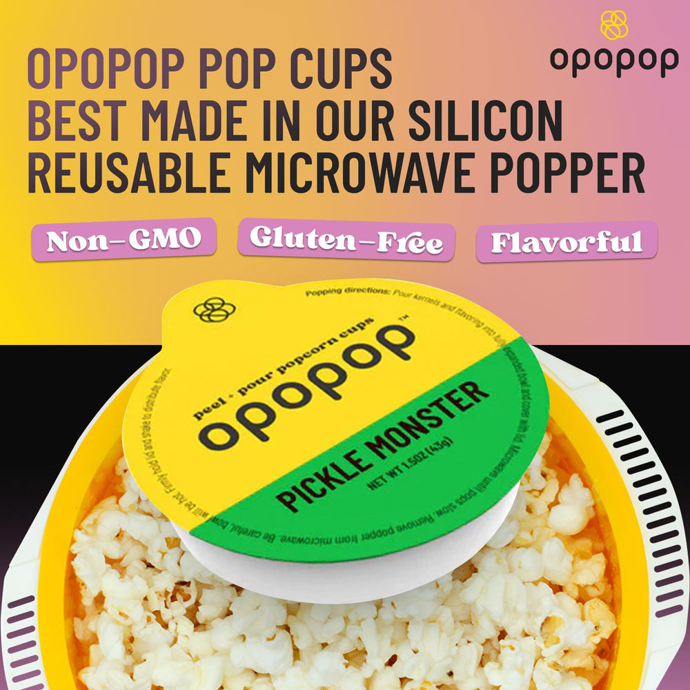 Bol de palomitas Opopop Pickle Monster servido listo para comer, alternativa de snack divertida