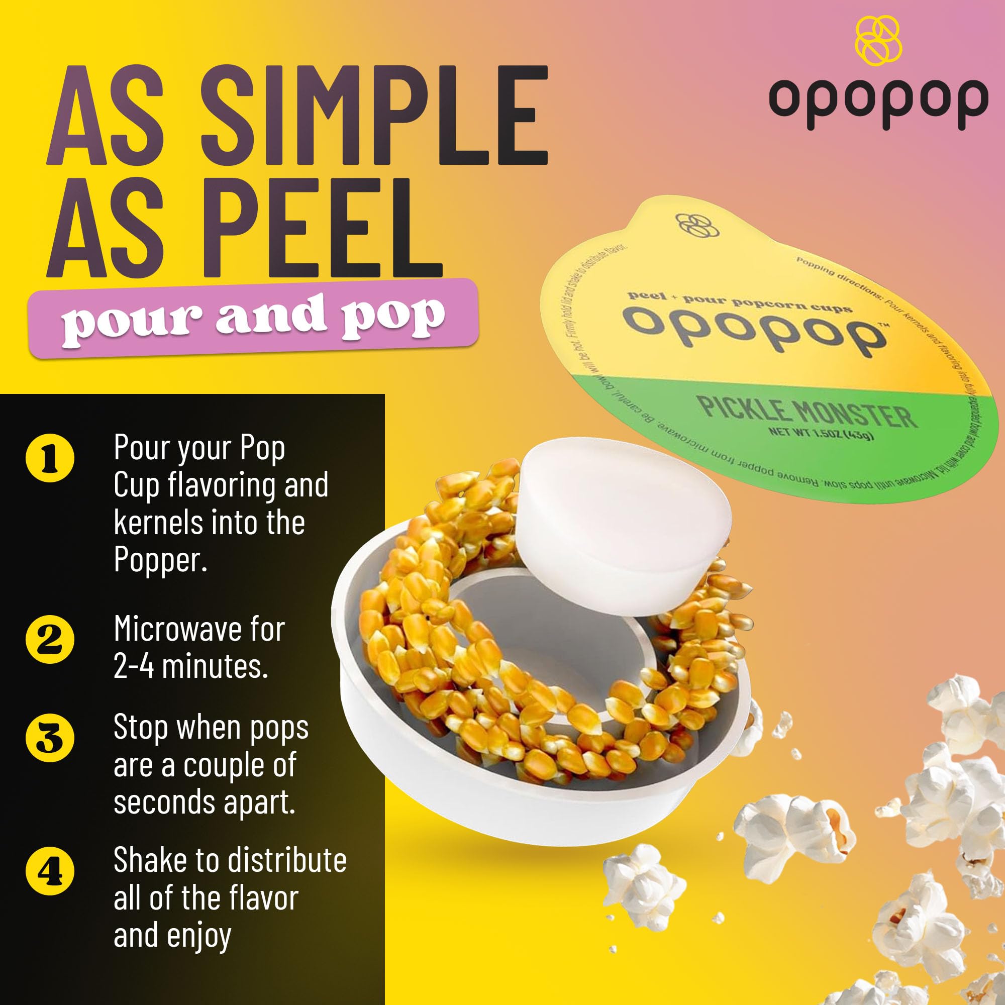 Taza Opopop Pickle Monster en primer plano con tapa parcialmente retirada, fácil preparación