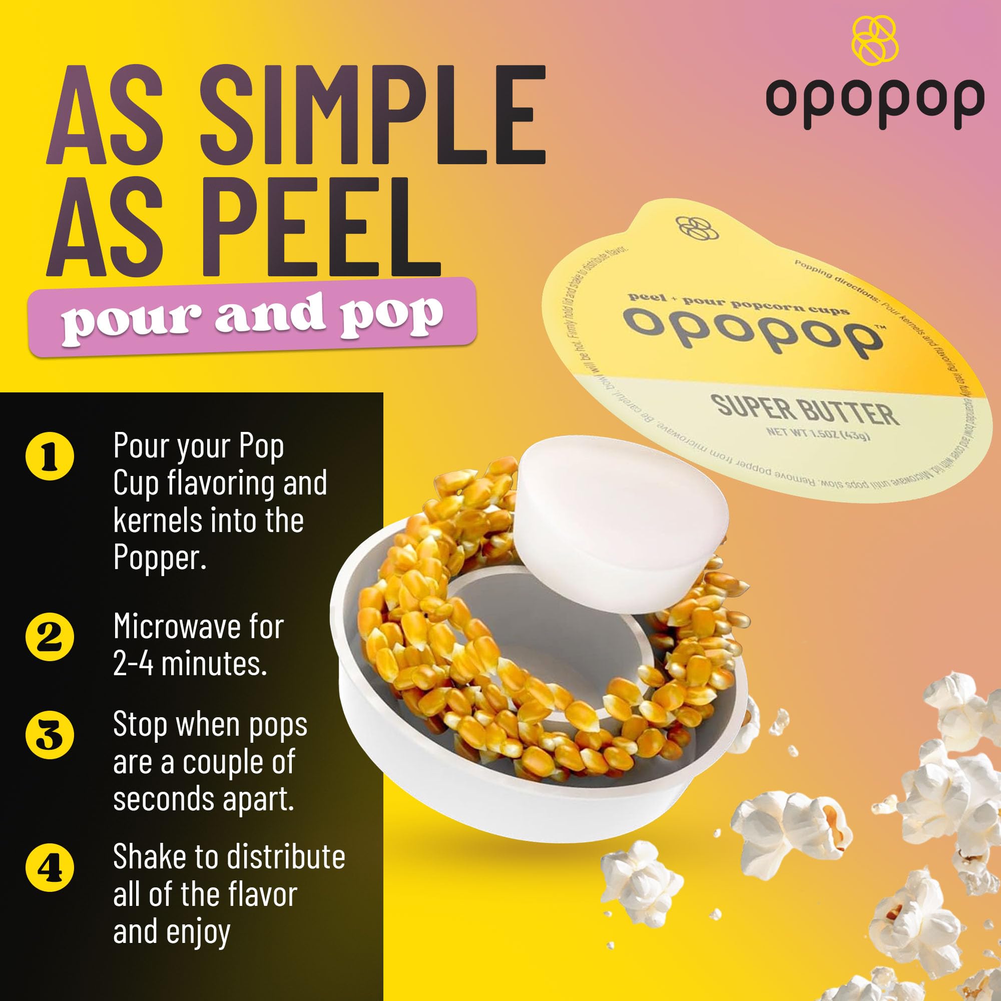 OPOPOP taza abierta con palomitas destacando conveniencia lista para calentar