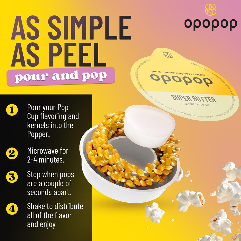 OPOPOP taza abierta con palomitas destacando conveniencia lista para calentar