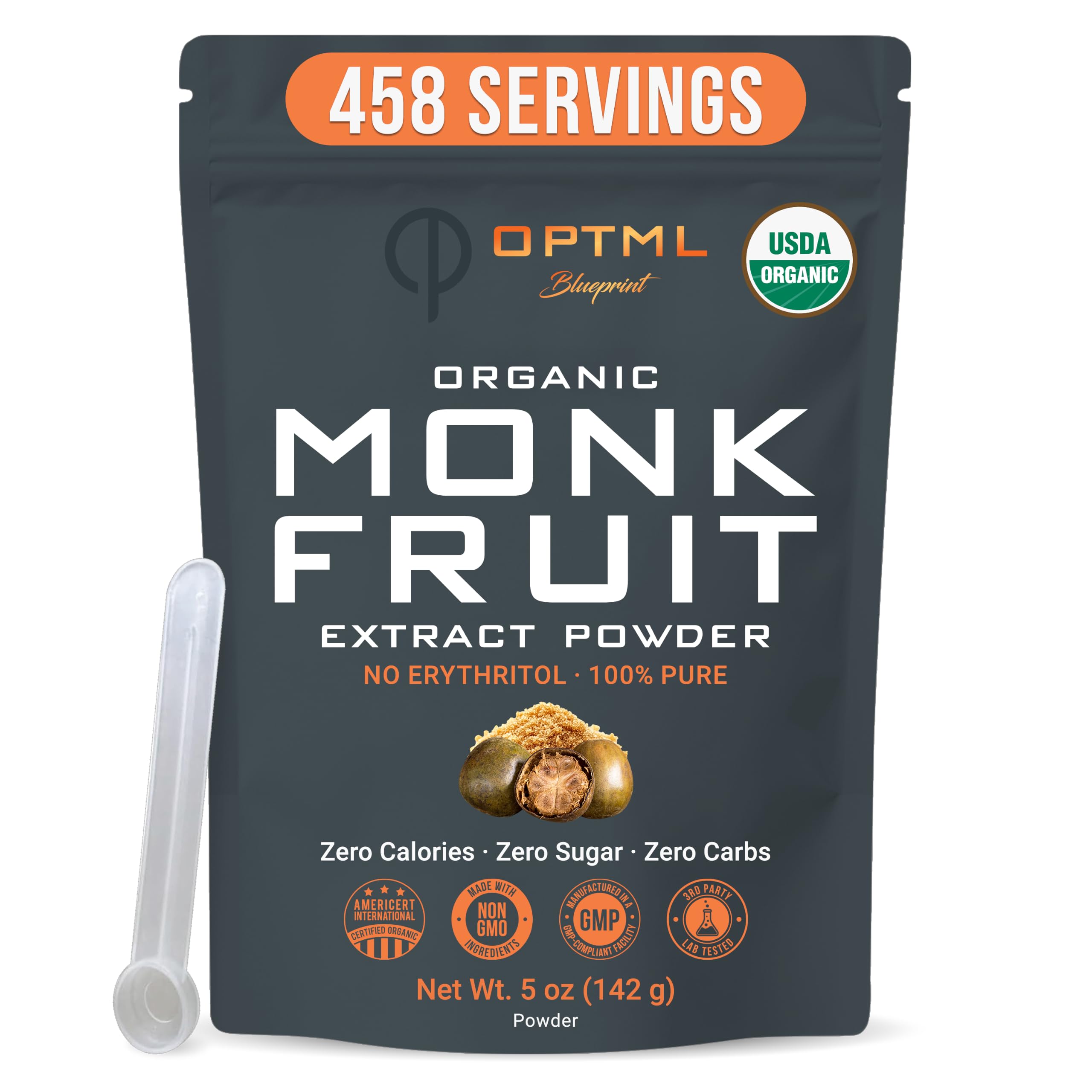 OPTML frasco frontal del polvo de monk fruit, muestra envase orgánico y práctico