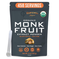 OPTML frasco frontal del polvo de monk fruit, muestra envase orgánico y práctico