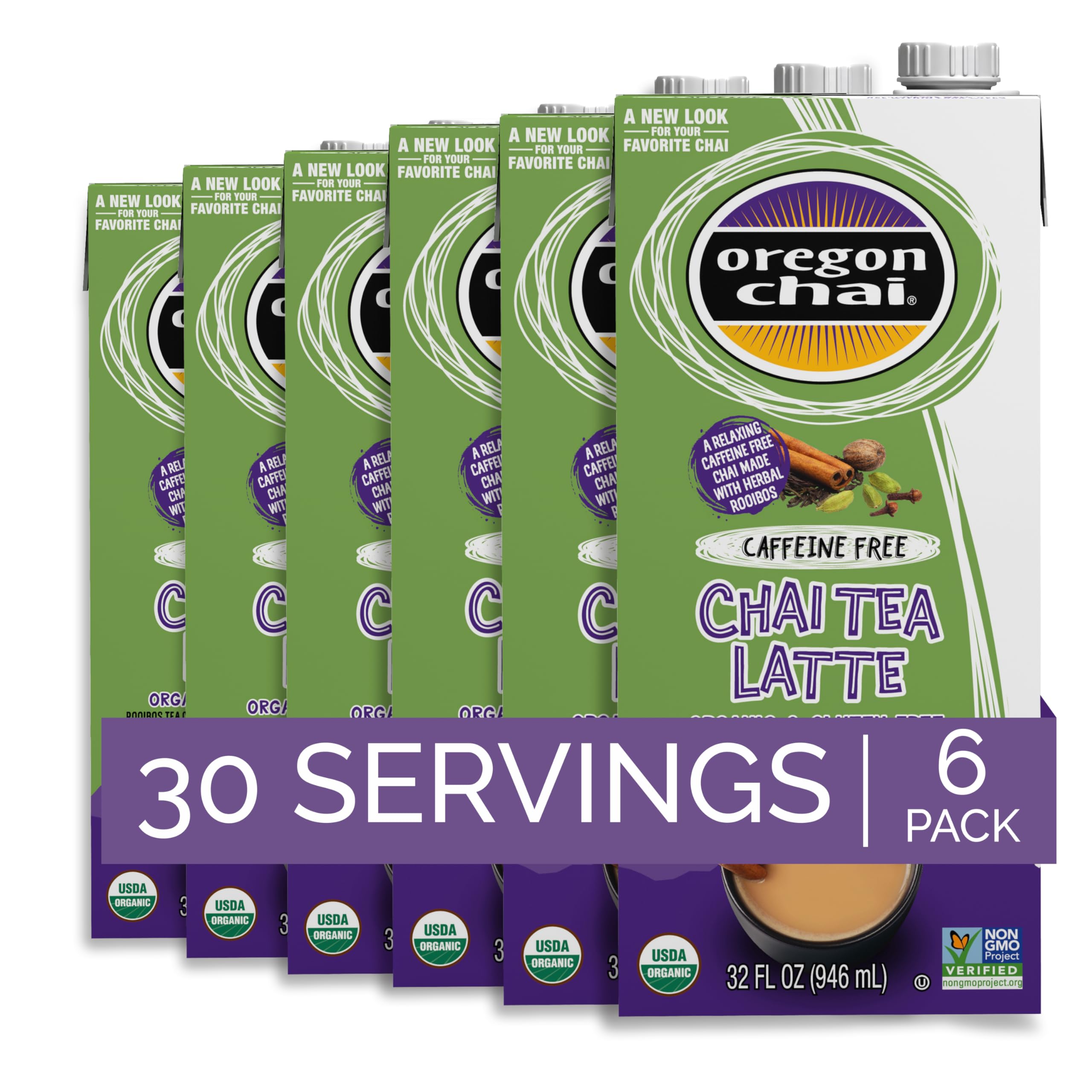 Oregon Chai frente del envase de 32 fl oz con etiqueta orgánica y beneficios claros