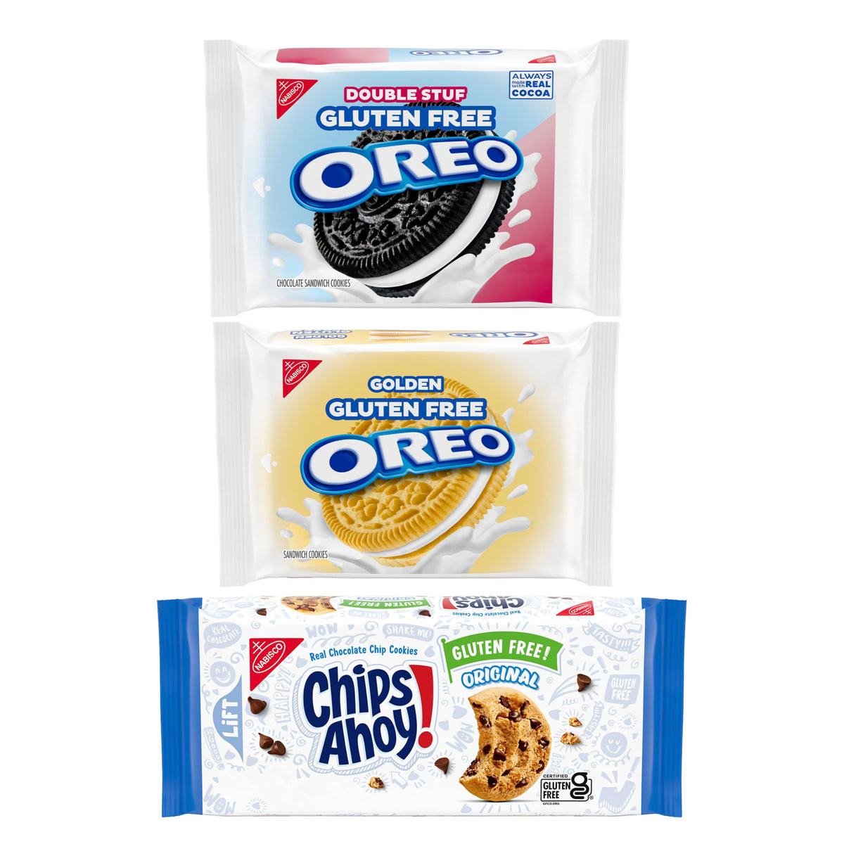 OREO y CHIPS AHOY! pack frontal mostrando las tres variedades, conveniencia para compartir