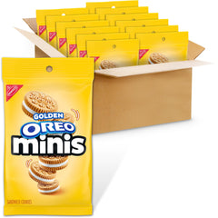 OREO Minis frente del empaque mostrando 12 bolsas, fácil almacenamiento