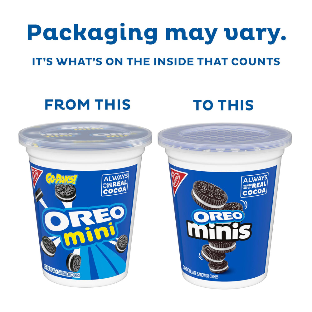 OREO minis vasos abiertos con galletas listas para comer, frescura