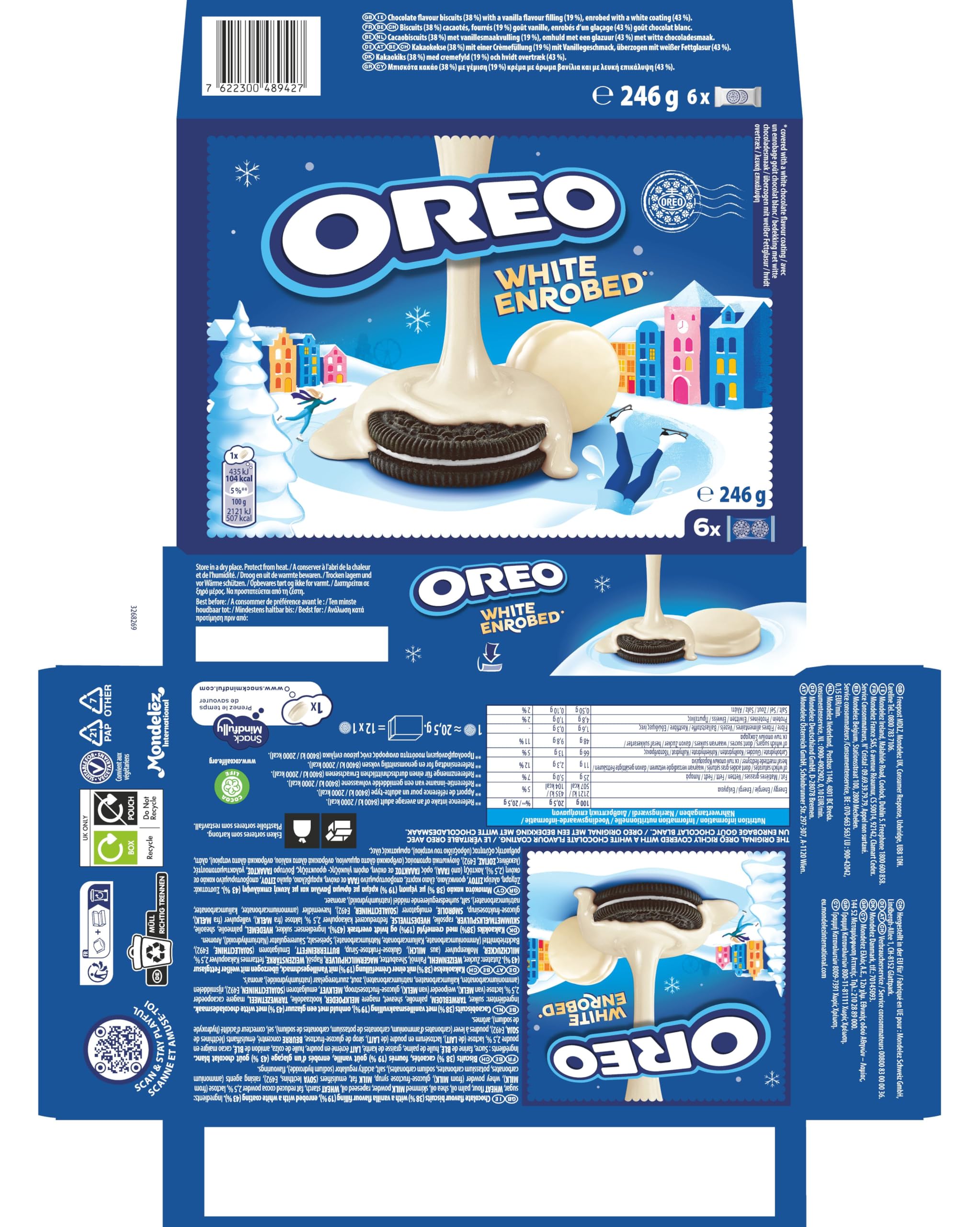 Oreo Snowy Enrobed apiladas mostrando recubrimiento cremoso y textura