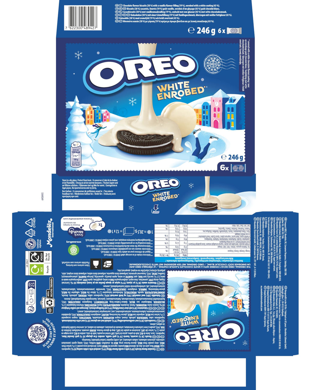 Oreo Snowy Enrobed apiladas mostrando recubrimiento cremoso y textura