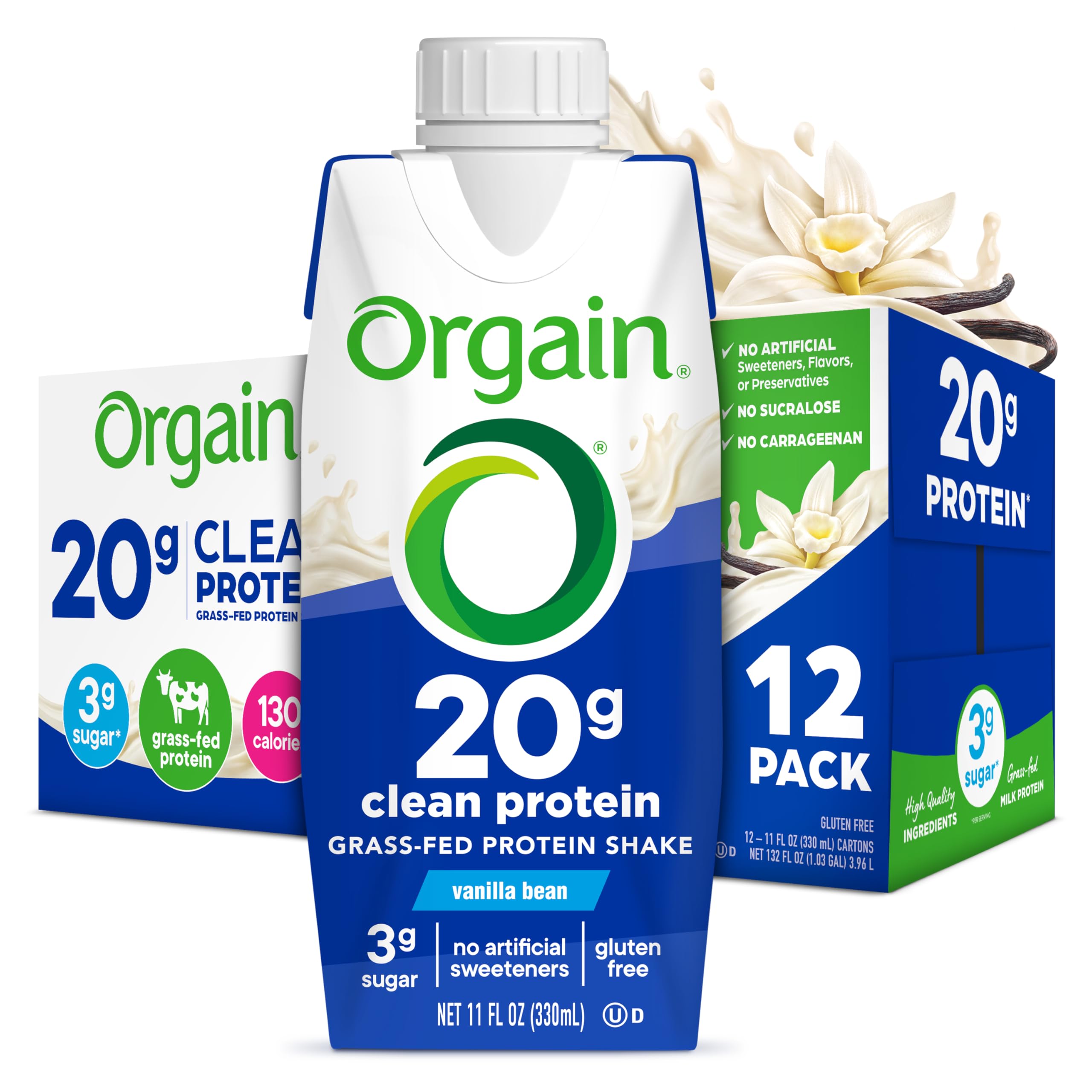 Orgain batido vainilla frente mostrando envase y 20 g proteína