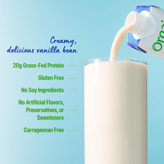 Orgain batido vainilla junto a una botella para comparar tamaño portátil