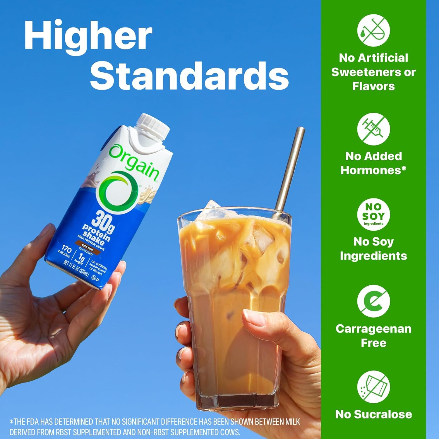 Orgain envase en mano para comparar tamaño 11 oz, práctico para llevar