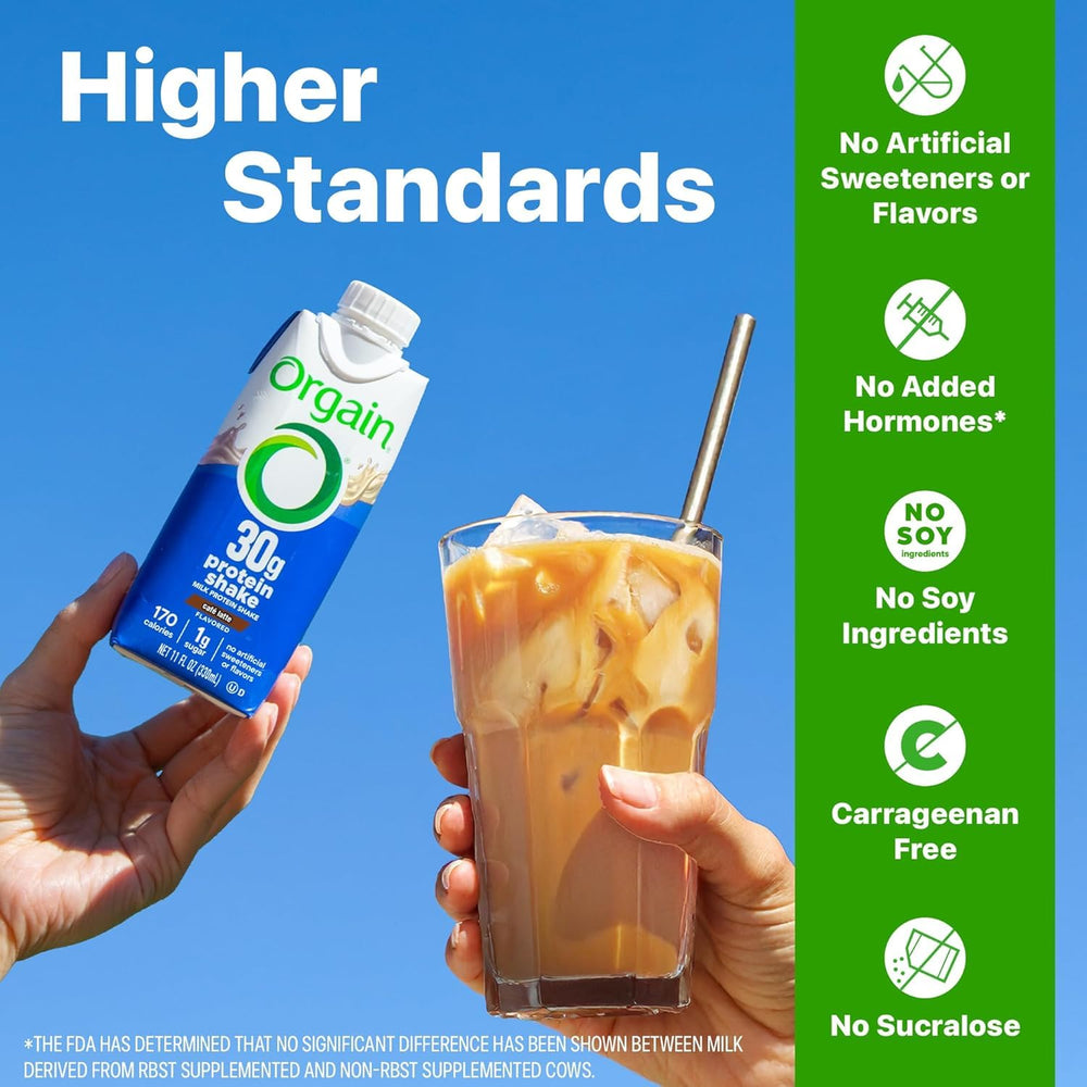 Orgain envase en mano para comparar tamaño 11 oz, práctico para llevar