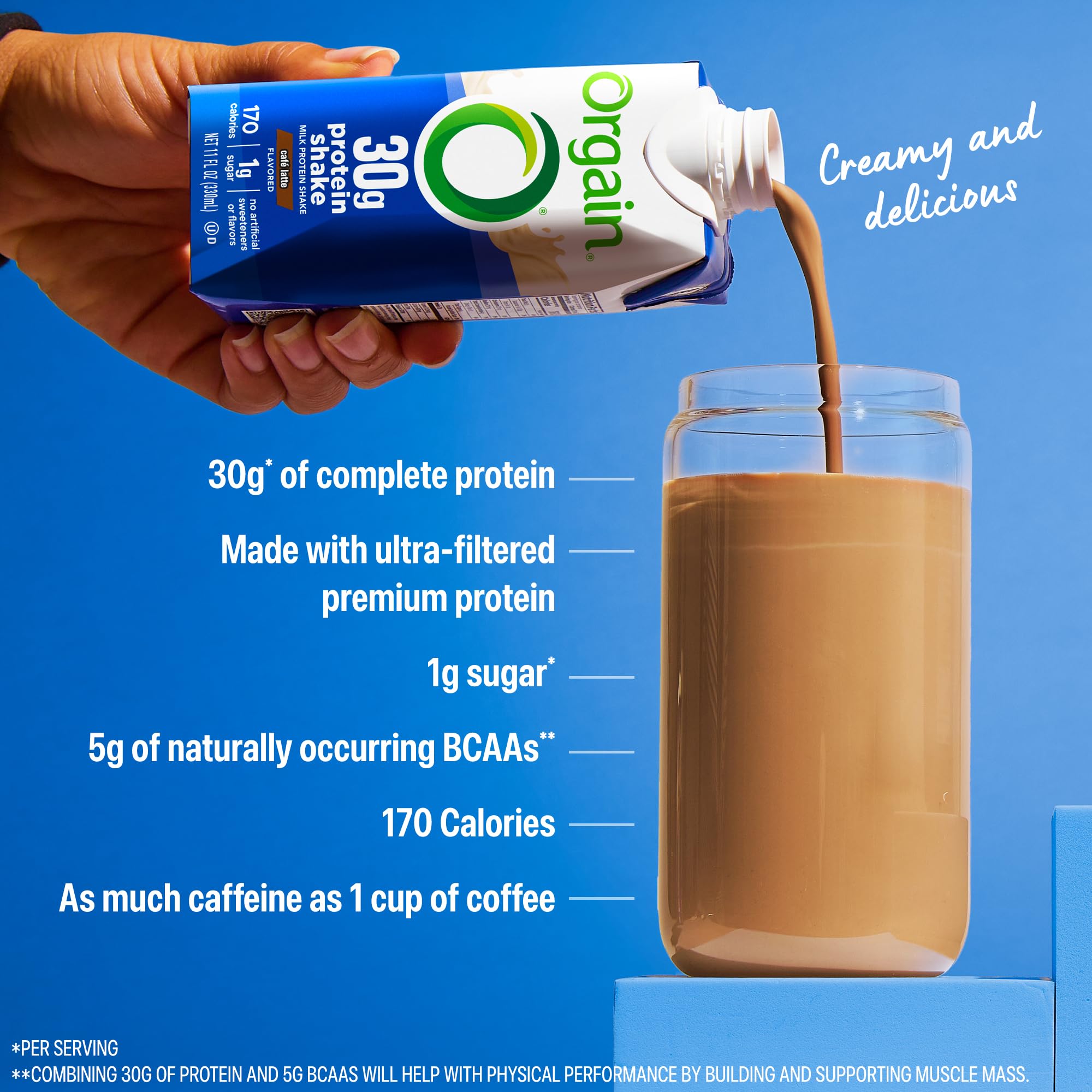 Orgain batido en escena deportiva tras entrenamiento, recuperación y energía