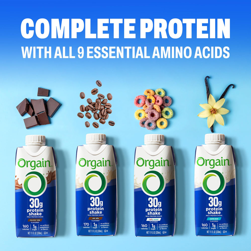 Orgain pack de 12 botellas Café Latte, almacenamiento conveniente para la semana