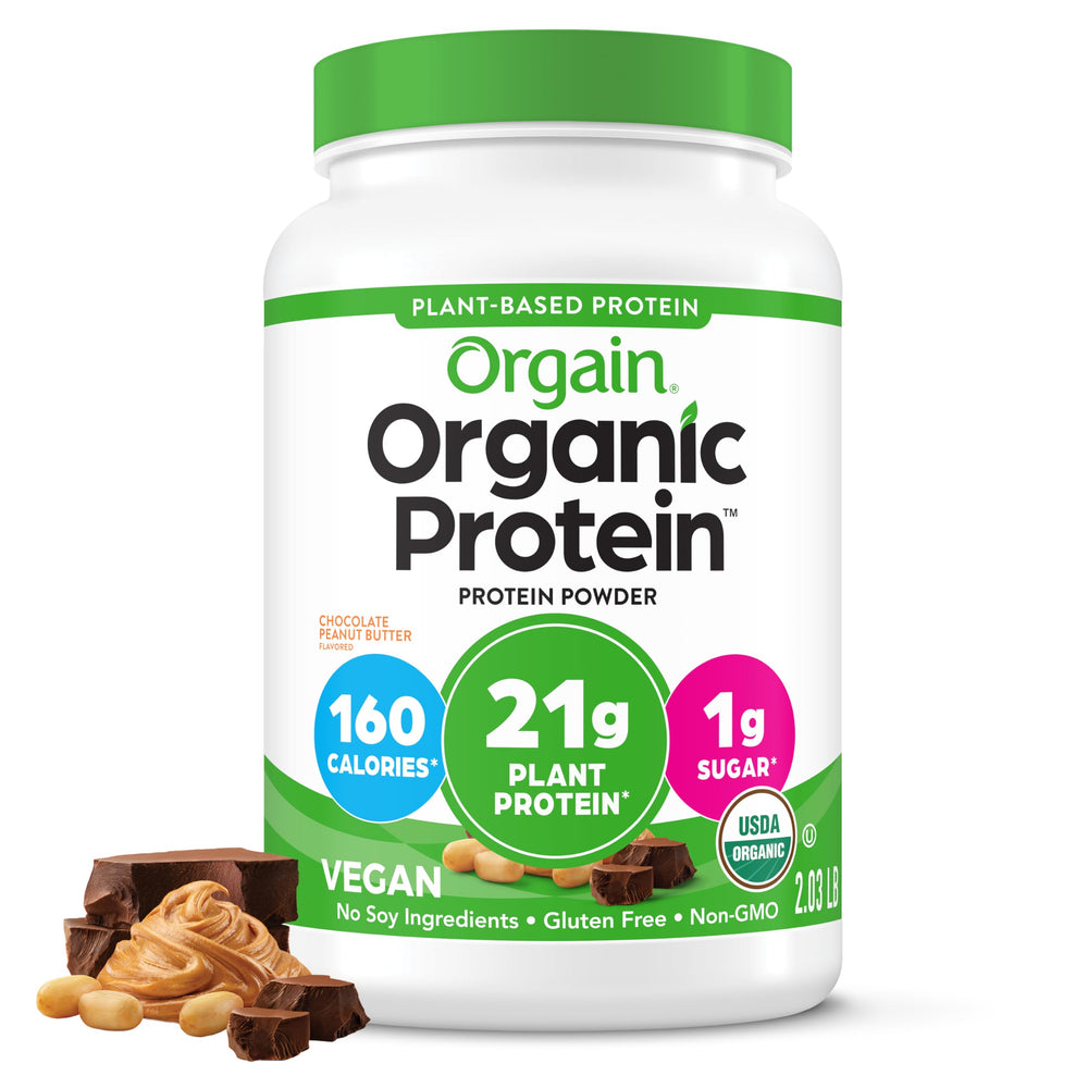 Orgain envase frontal sabor Chocolate Peanut Butter mostrando la etiqueta y beneficios