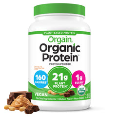Orgain envase frontal sabor Chocolate Peanut Butter mostrando la etiqueta y beneficios