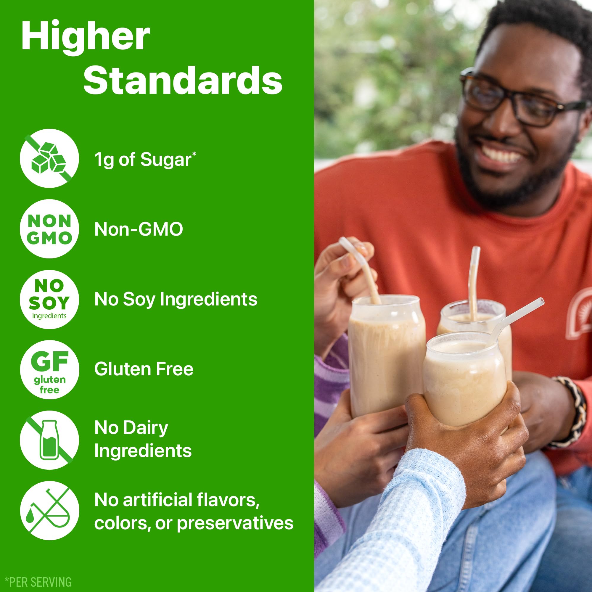 Orgain etiqueta ingredientes con íconos Organic y vegan para transparencia de producto