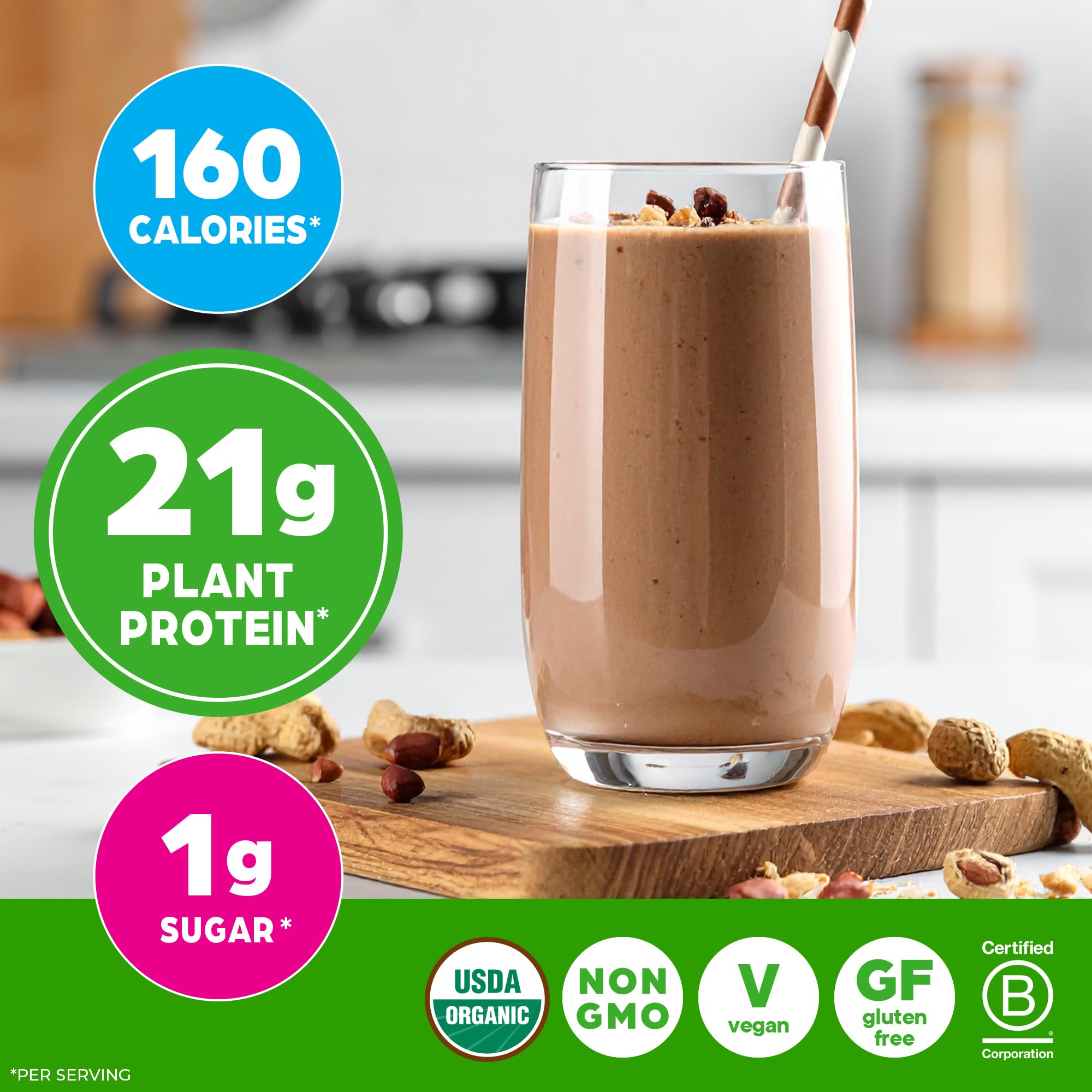 Orgain ingredientes: guisante, arroz y chía destacando proteína completa vegetal
