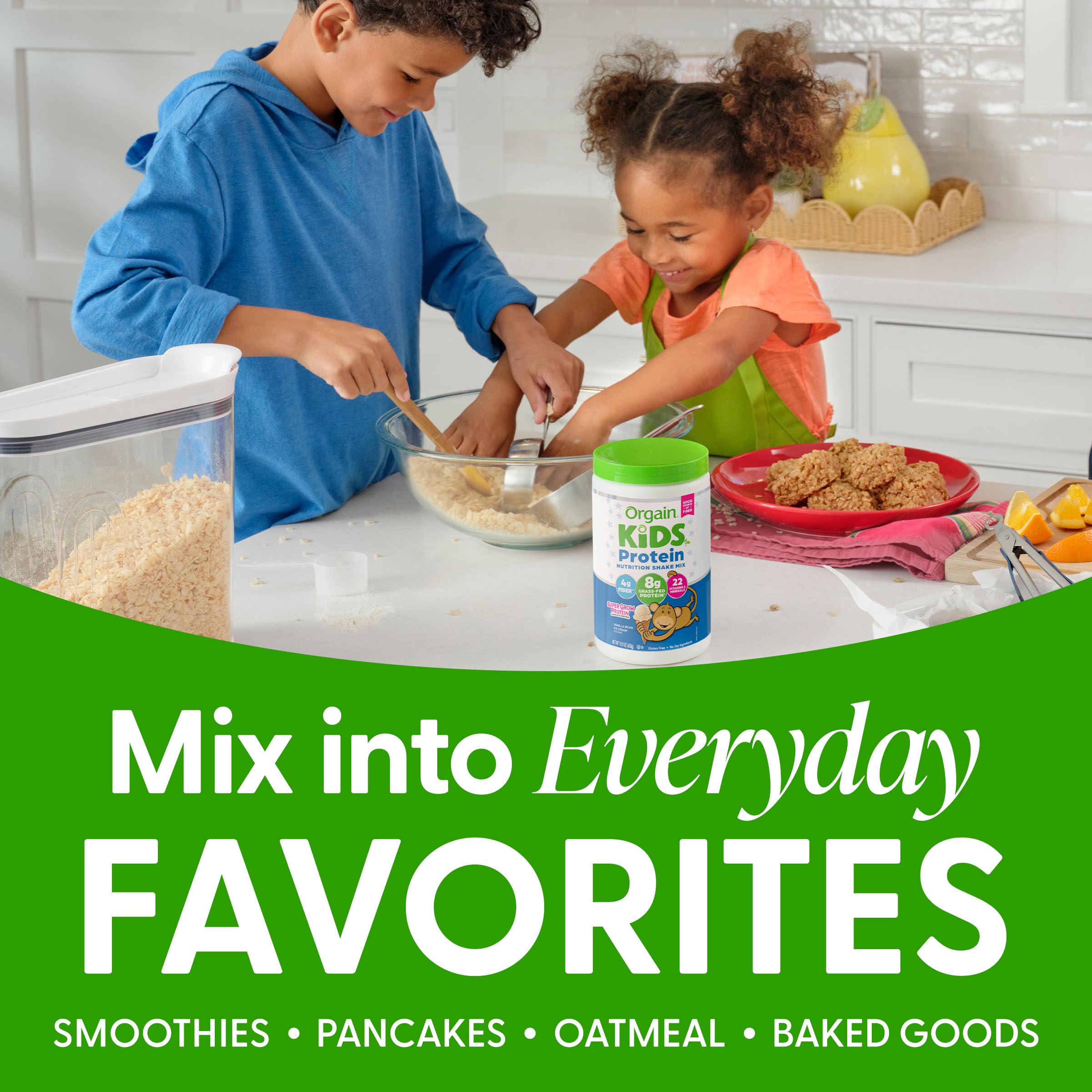 Orgain batido cremoso en vaso como merienda nutritiva para niños activos