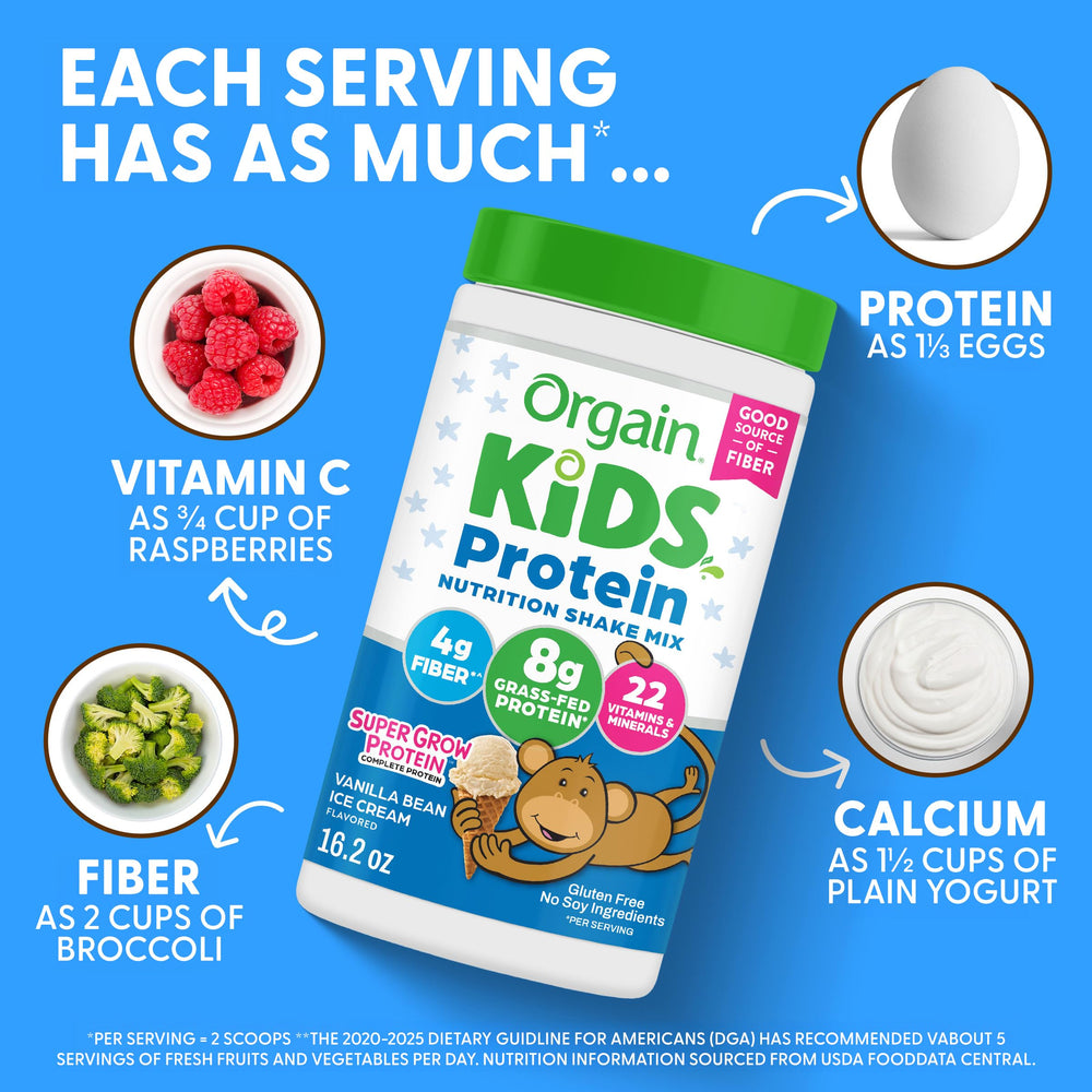 Orgain paquete de 1lb junto a una regla para visualizar tamaño y porciones