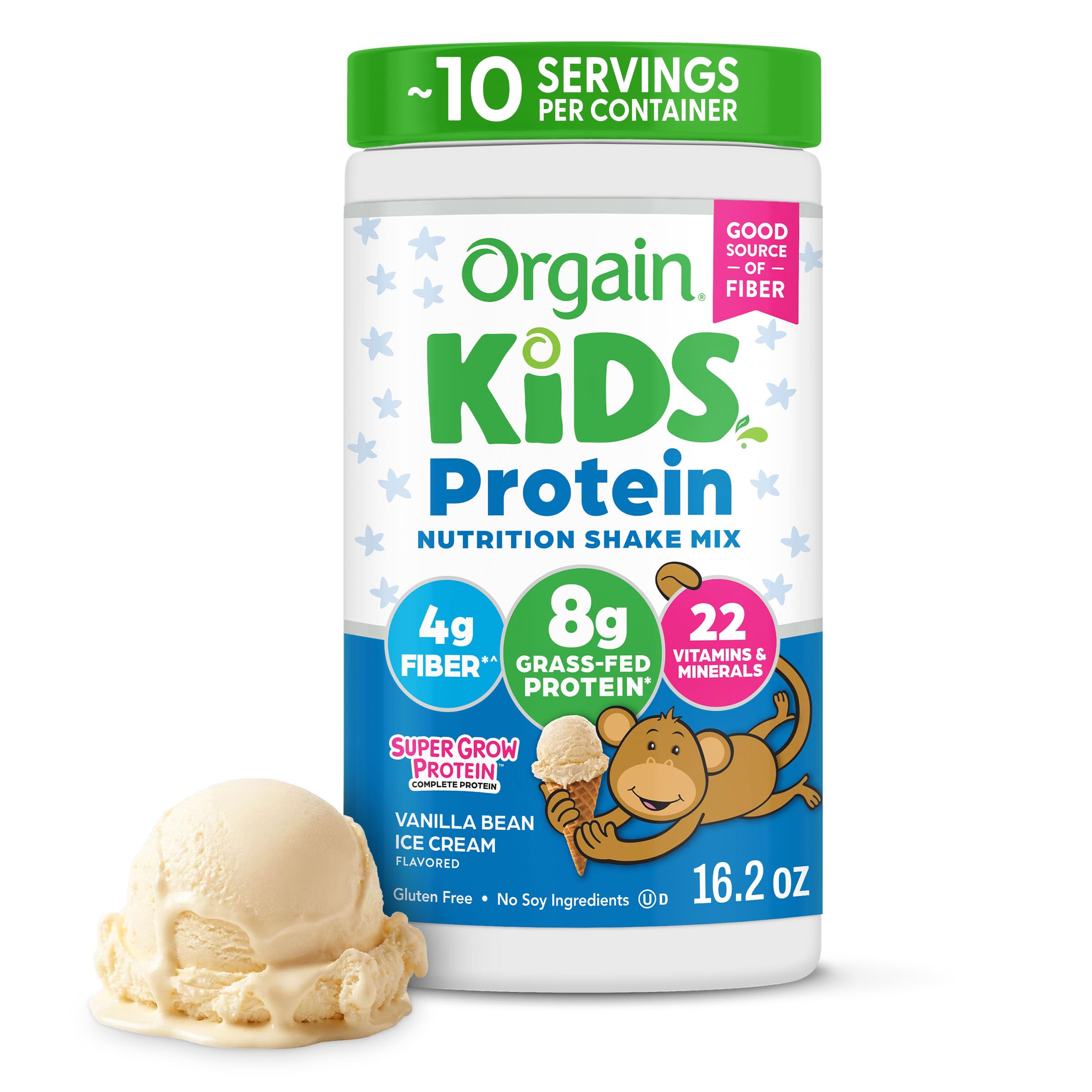 Orgain envase frontal presentando sabor vanilla bean ice cream y beneficio nutricional