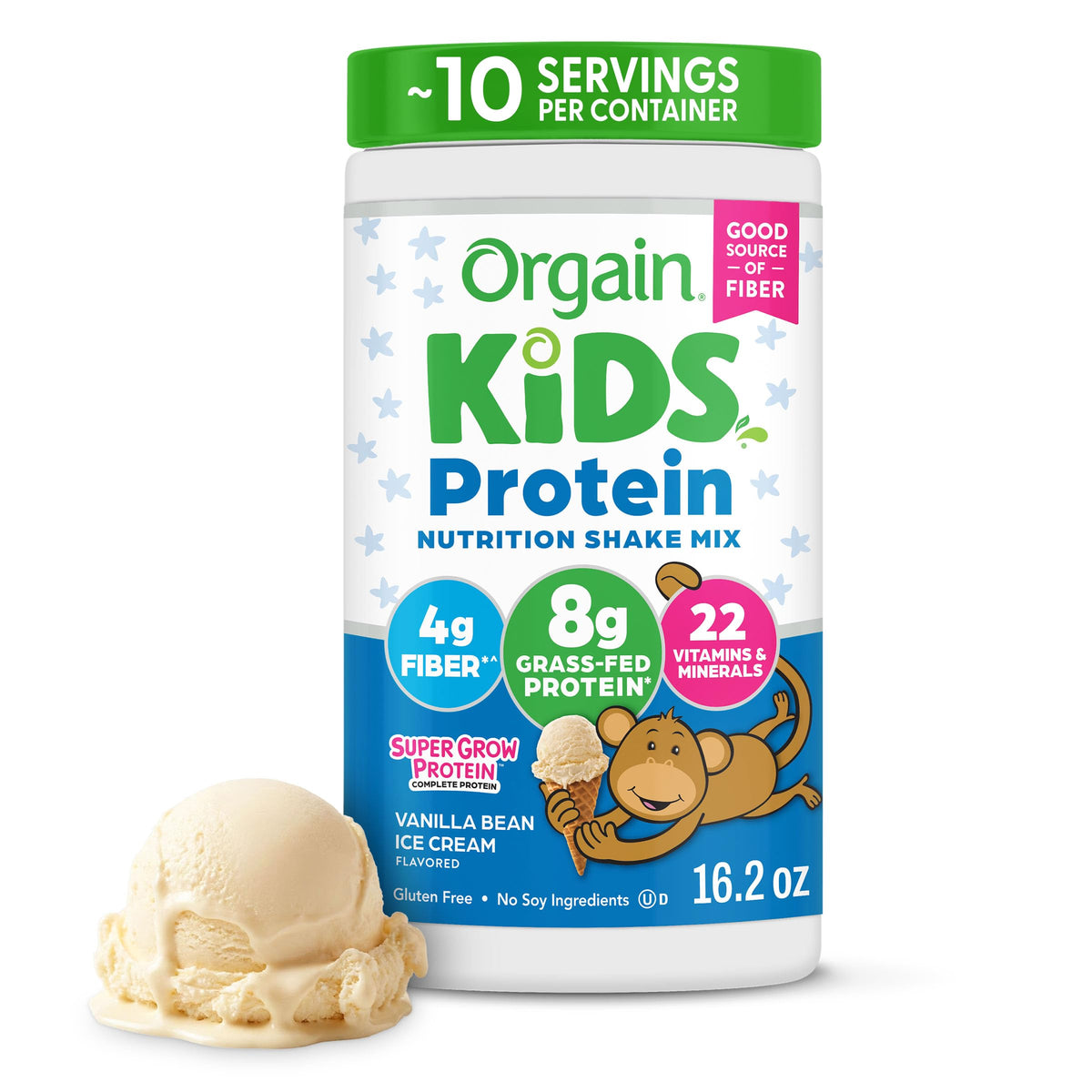 Orgain envase frontal presentando sabor vanilla bean ice cream y beneficio nutricional