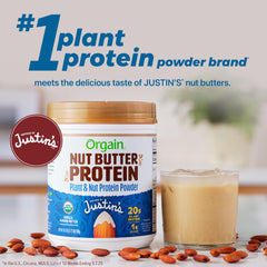 Orgain polvo en cuchara destacando 20g de proteína por porción y baja en azúcares