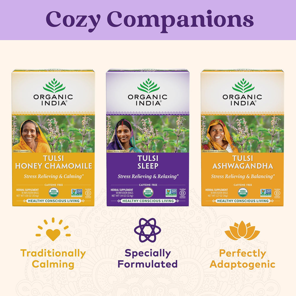ORGANIC INDIA etiqueta con certificaciones orgánicas y calidad visible