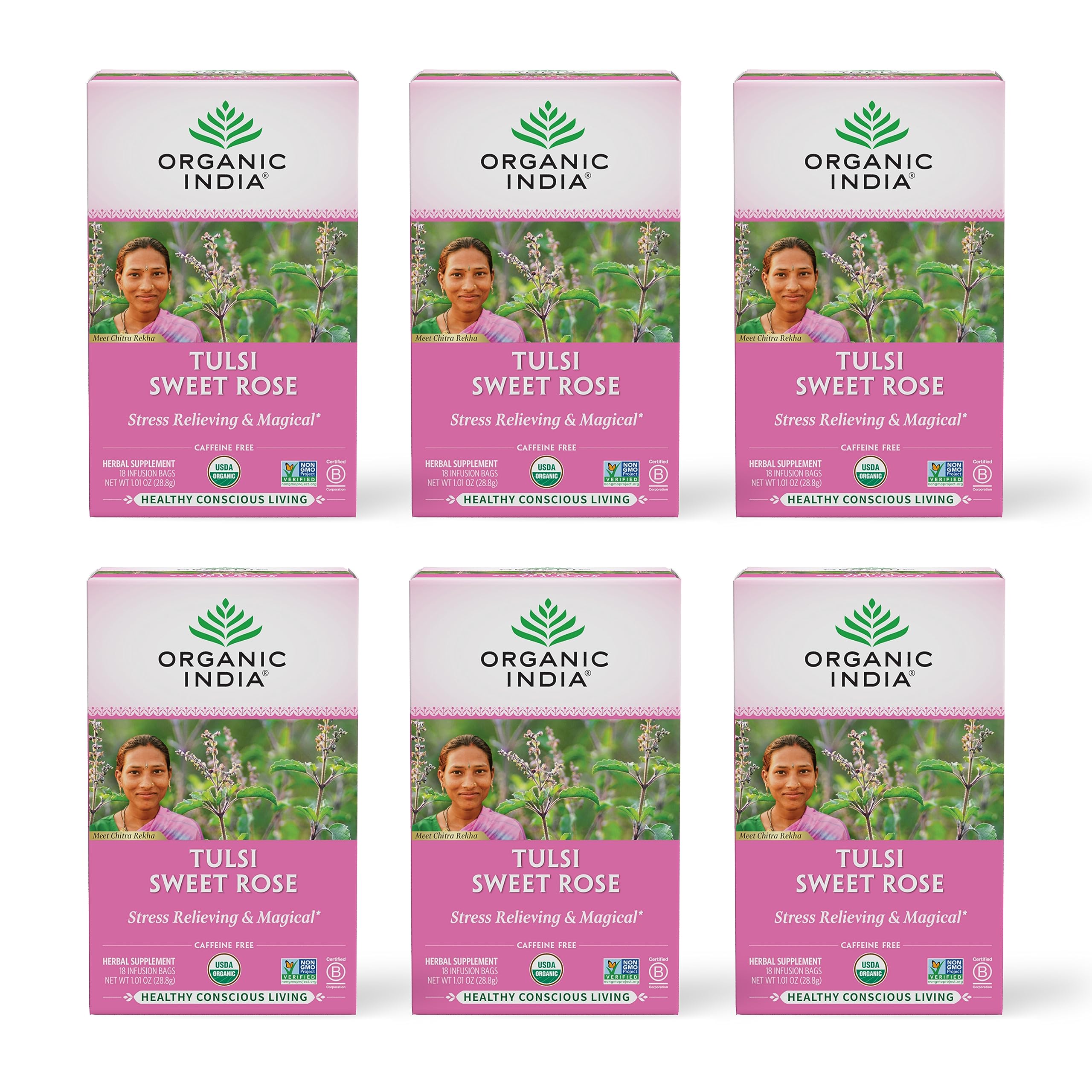 ORGANIC INDIA frente del empaque mostrando paquete y etiqueta clara