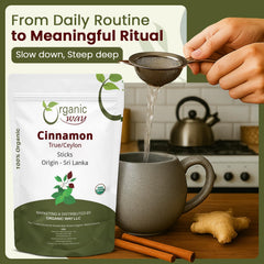 Organic Way palito infusionando en taza de té, potencia el sabor