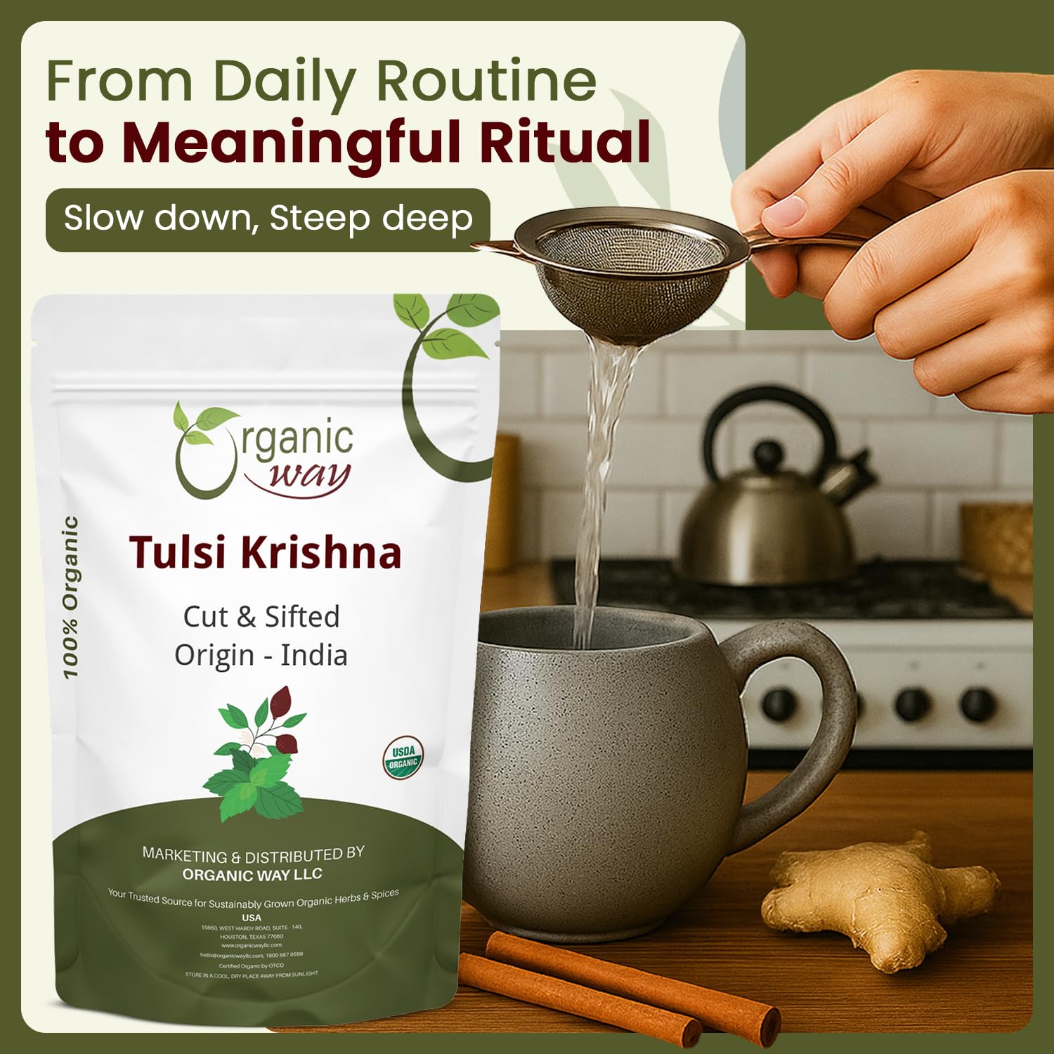 Organic Way taza con infusión de tulsi Krishna servida y humeante